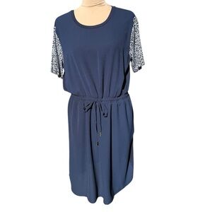 Michael Kors Navy Light Tie Waist Dress w/MK Patterned Sleeves  Size Large